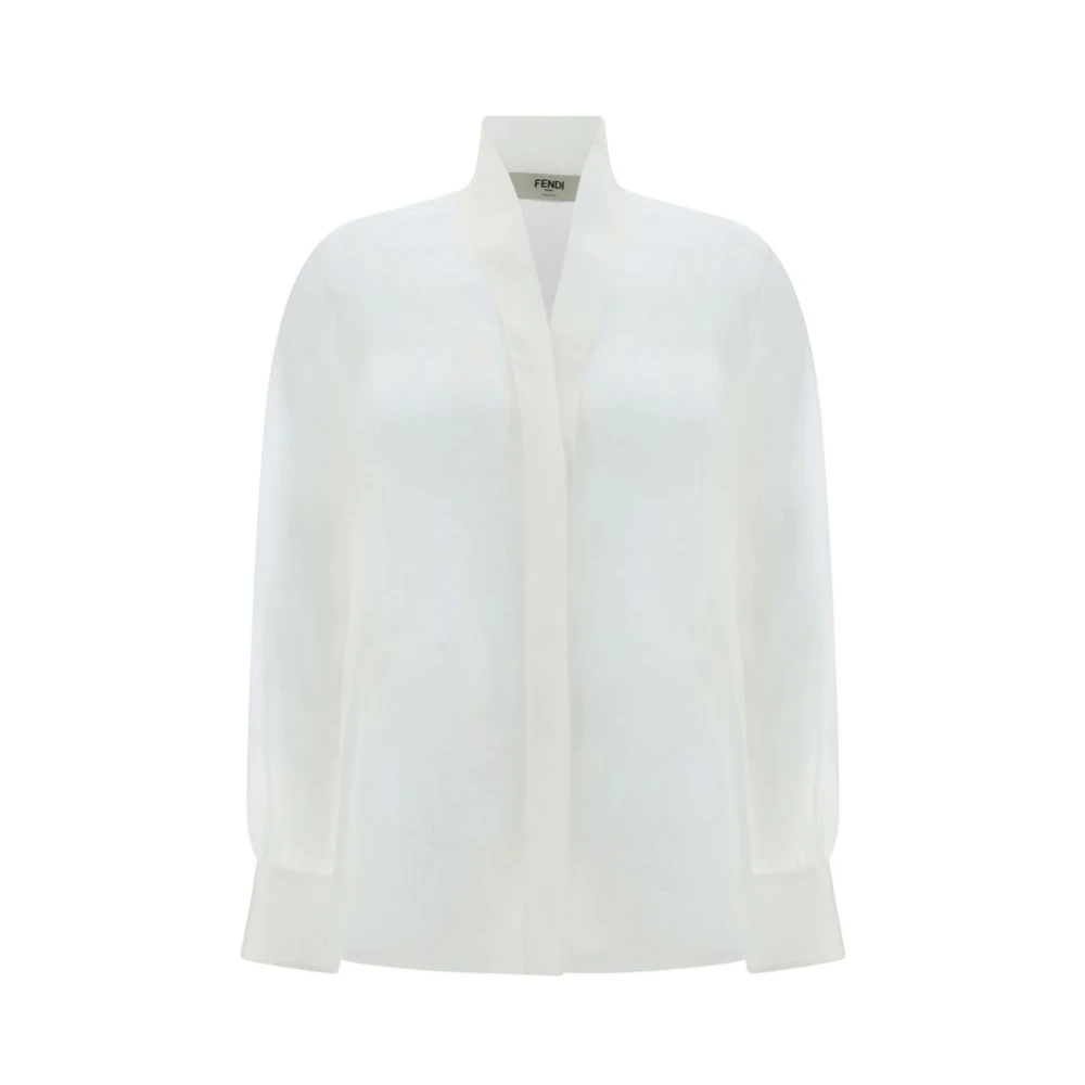 Fendi Zijden V-hals Shirt met Asymmetrische Zoom White Dames