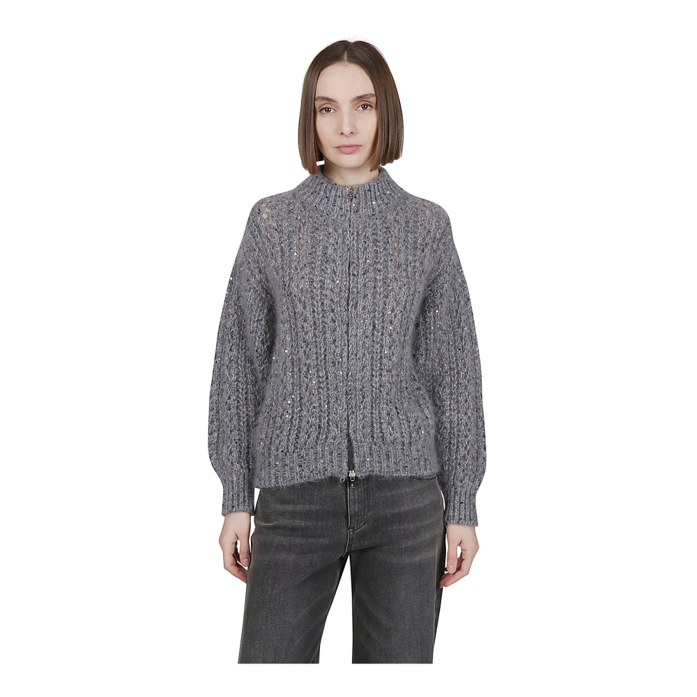 Eleventy Kid Mohair Zijde Katoen Full Zip Sweater Gray Dames