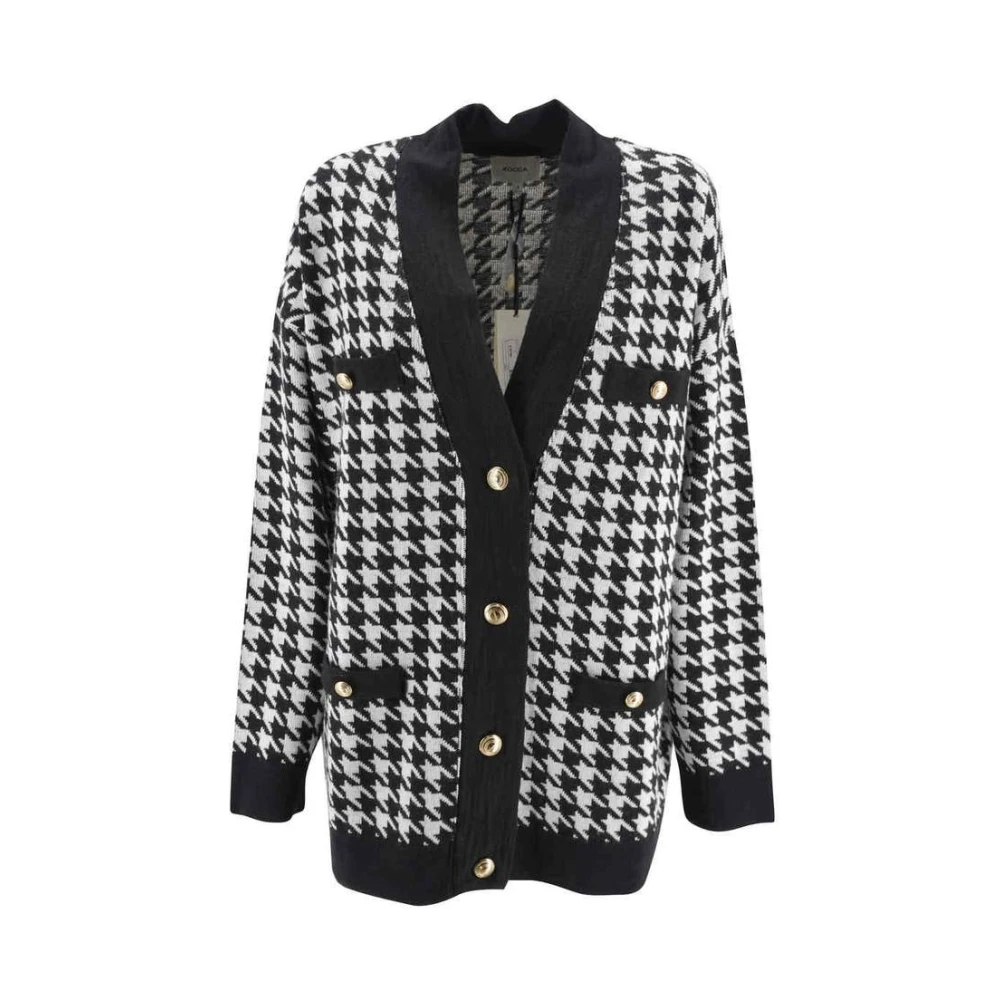 Kocca Stijlvolle zwarte cardigan met Pied de Poule patroon Black Dames
