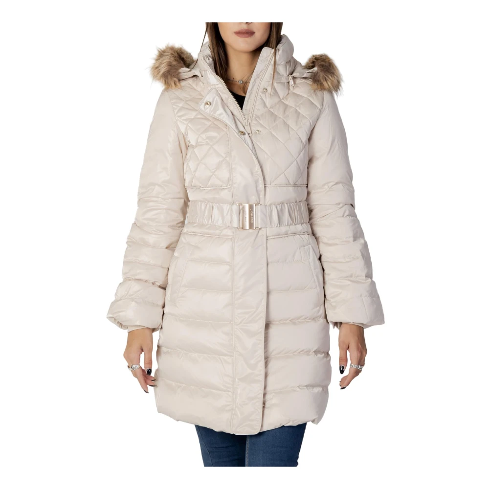 Guess Women's Beige Hooded Jacket With Zip And Button Fastening