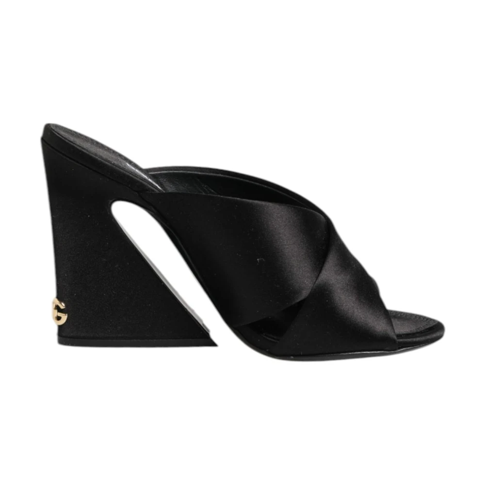Dolce & Gabbana Women's Black Heeled Mules, 2 Uk, Logo Satin Slides Sandals
