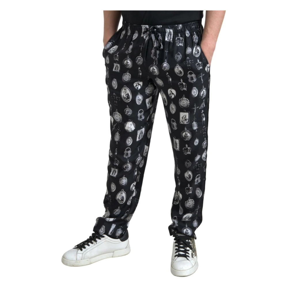 Dolce & Gabbana Elegante zijden joggers met religieuze print Black Heren