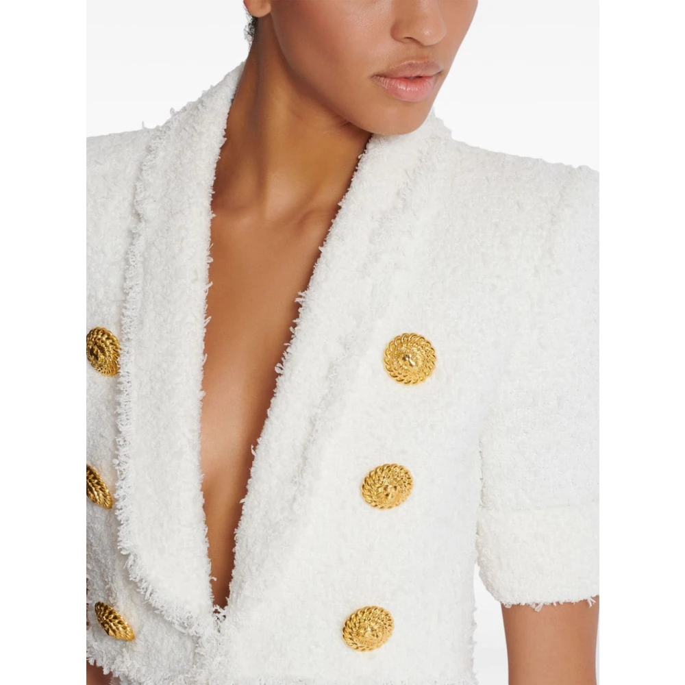 Balmain Witte Tweed Cropped Pullover met V-Hals White Dames