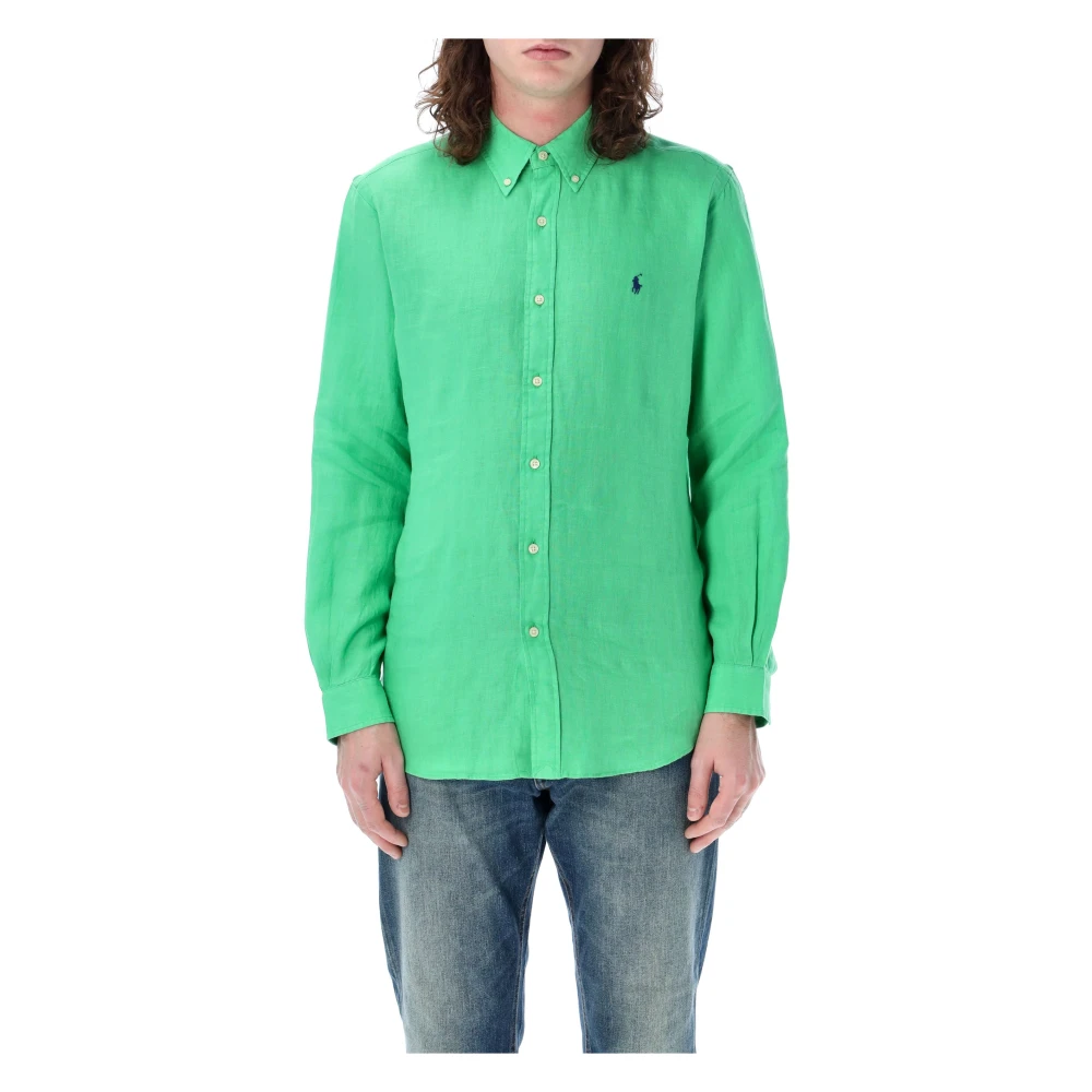 Ralph Lauren Groene Linnen Custom Fit Overhemd Green Heren