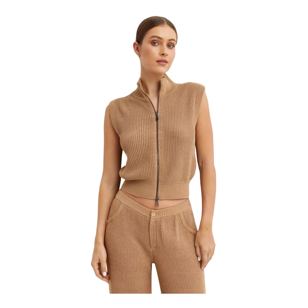 Aya Muse Bruine geribbelde coltrui mouwloze top Brown Dames