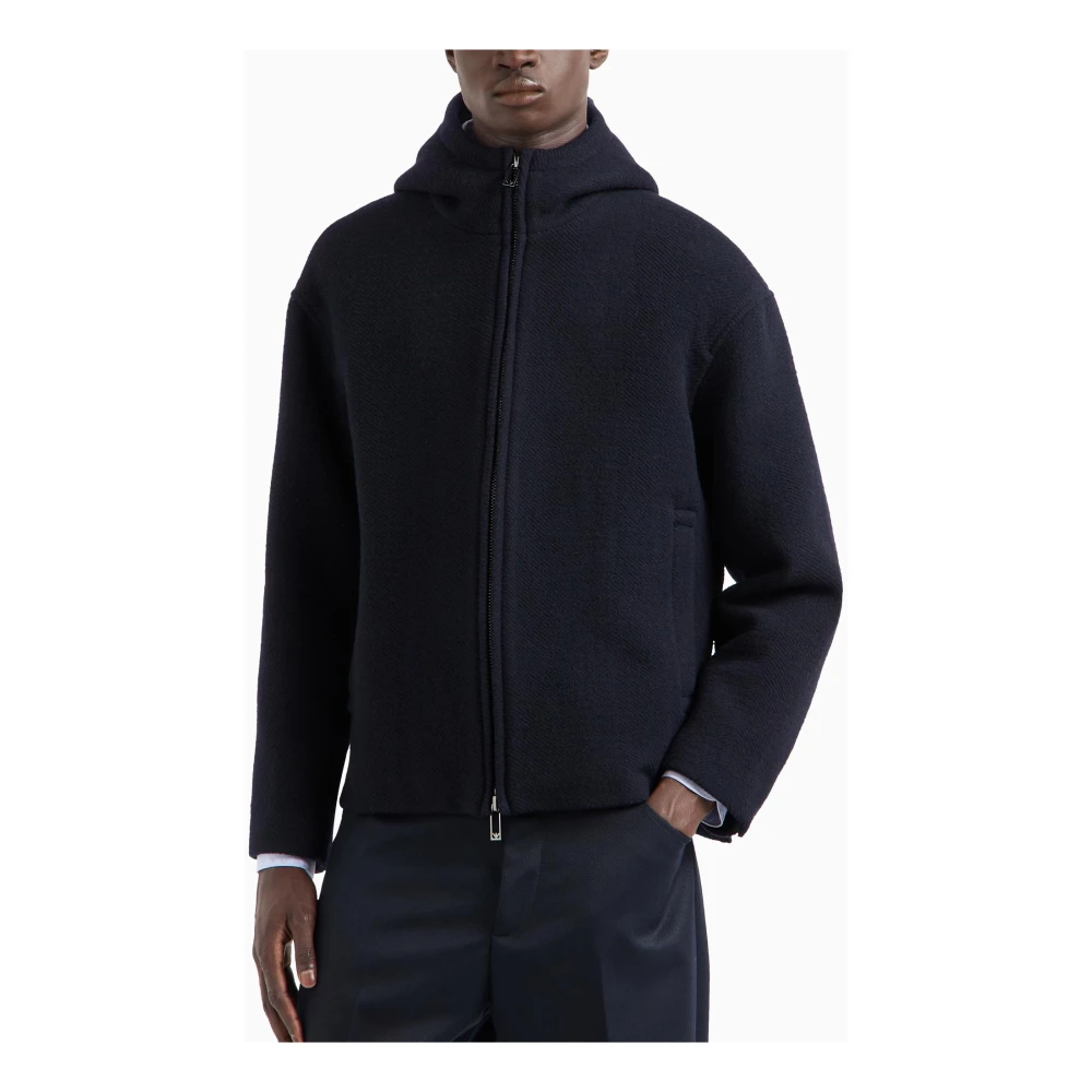Emporio Armani Blauwe wollen capuchonjas volledige rits zakken Blue Heren