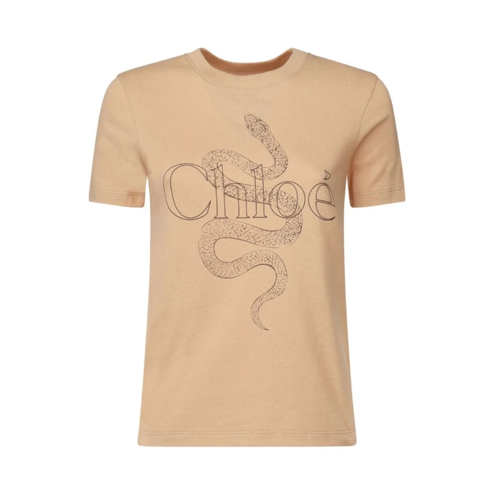 Chloé Beige Crew Neck T-shirt met Logo Beige Dames