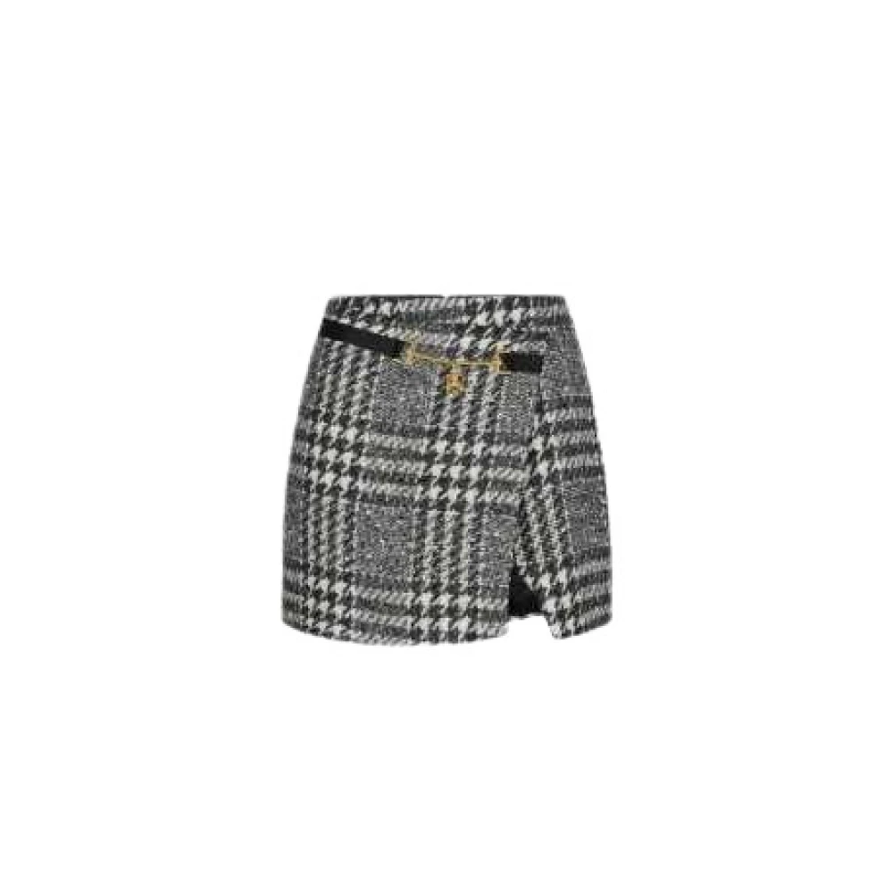 Elisabetta Franchi Zwart Wit Tartan Asymmetrische Rok Gouden Gesp Black Dames