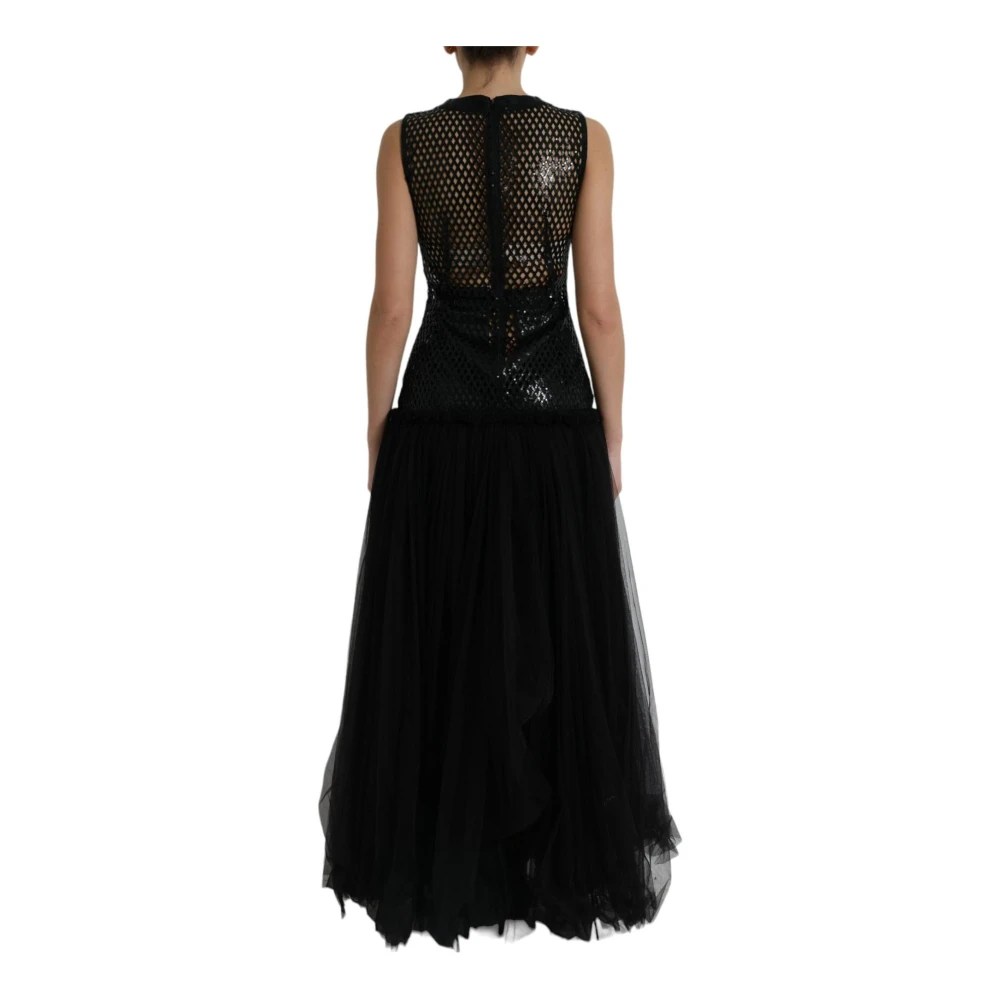Dolce & Gabbana Elegant Zwart Paillet Mesh Gown Jurk Black Dames