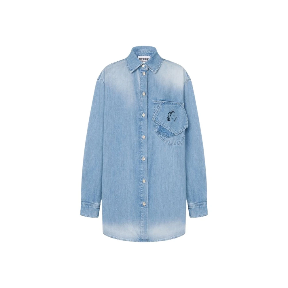 Moschino Kvinno Blå Blusar & Skjortor Dam, S, Denim, Logo-Print Denimskjorta