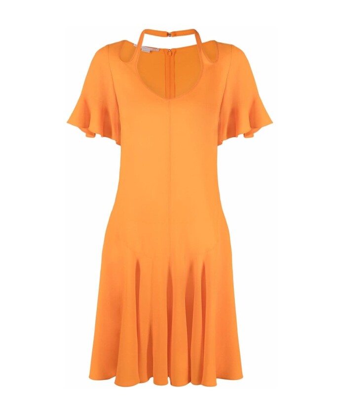 oranje-zijdemix-flared-v-hals-jurk