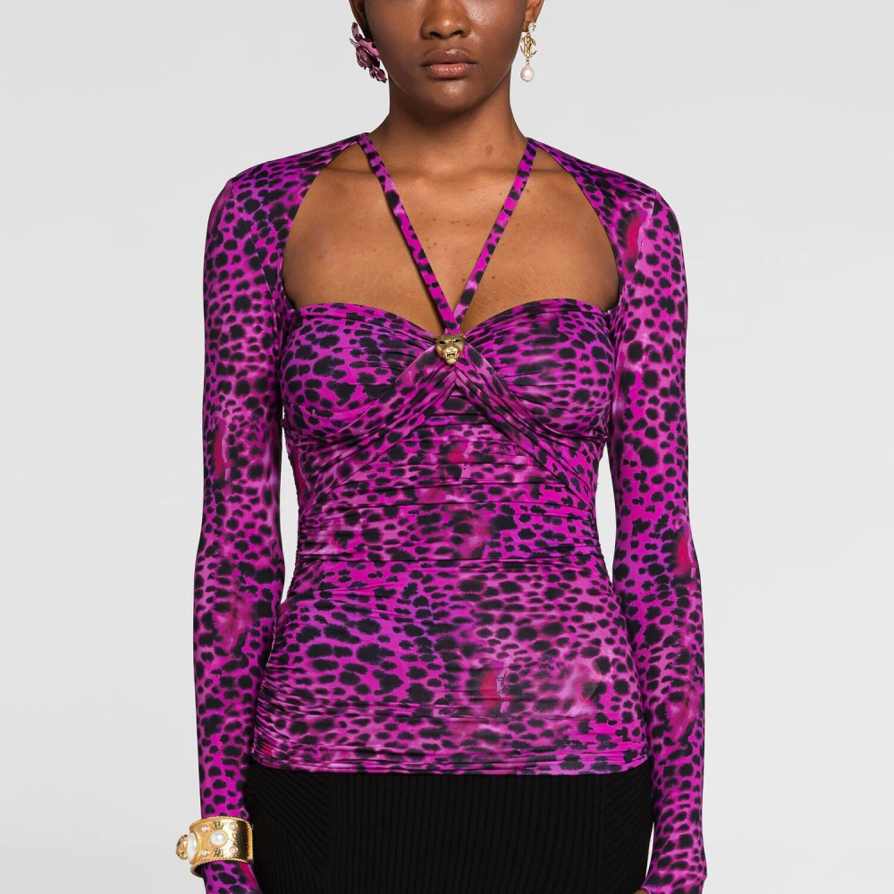 Roberto Cavalli Leopard Print Cut-Out Top Purple Dames