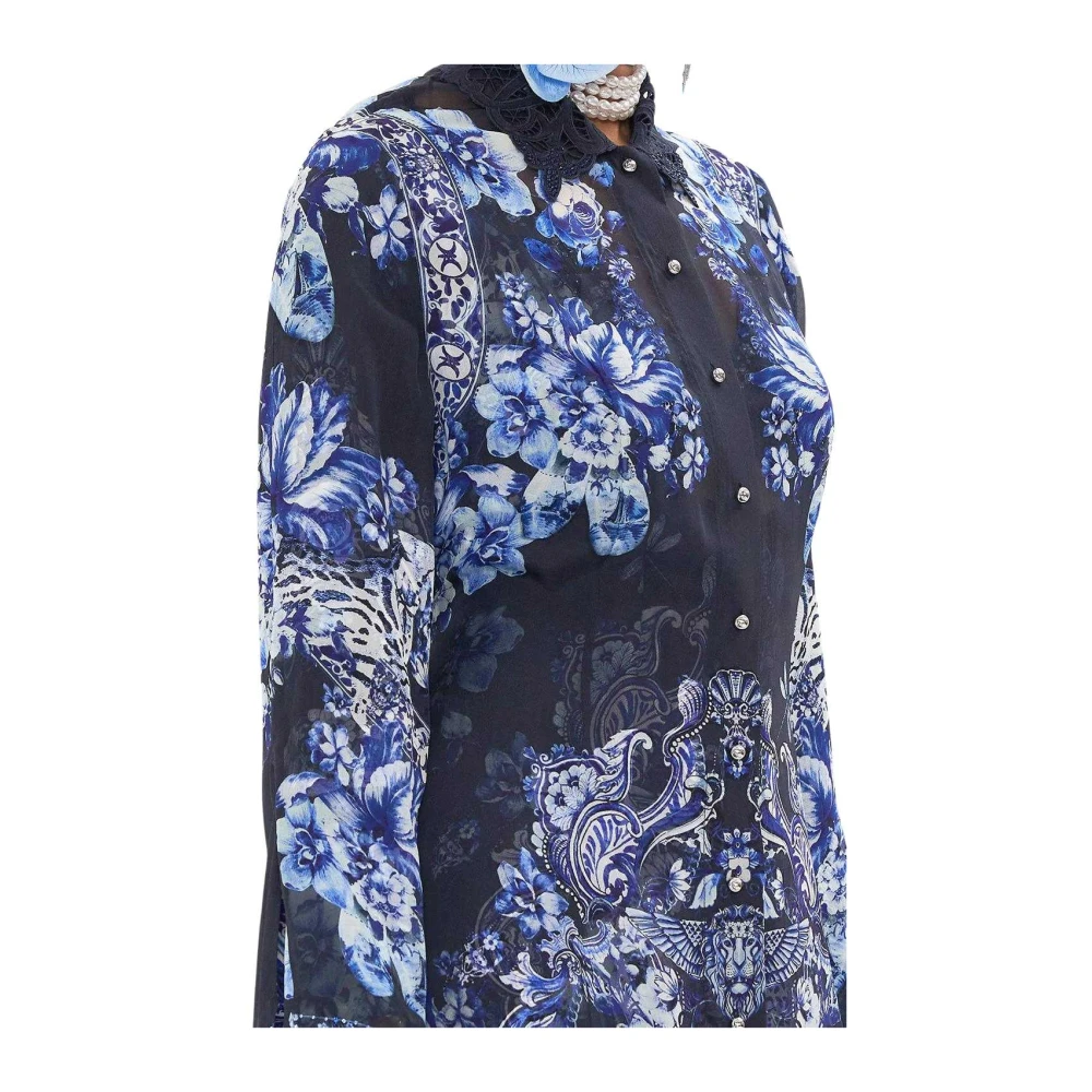 Camilla Blauwe Delft Dynasty Kant Trenchcoat Blue Dames