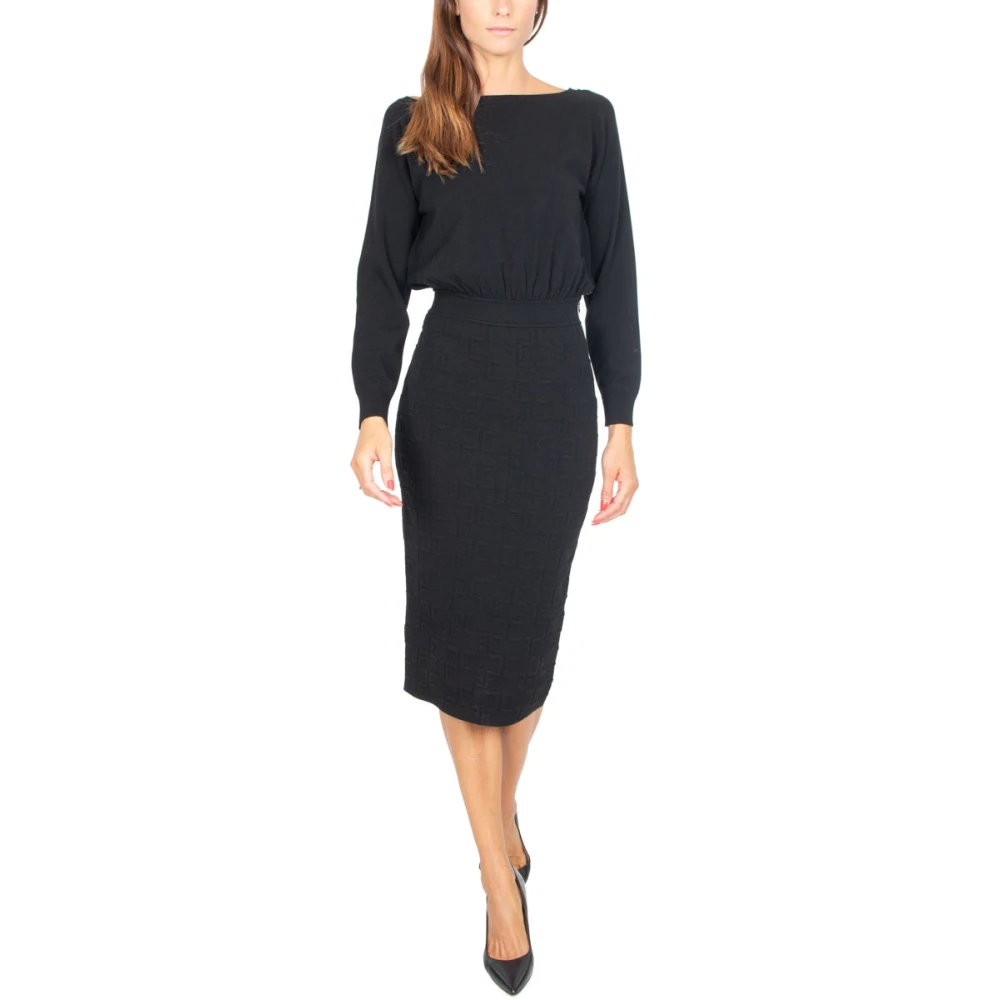 Elisabetta Franchi Zwarte Gebreide Longuette Jurk met Jacquard Black Dames
