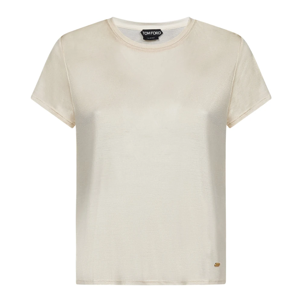 Beige Silke T-Skjorte med Gull Logo Plakett