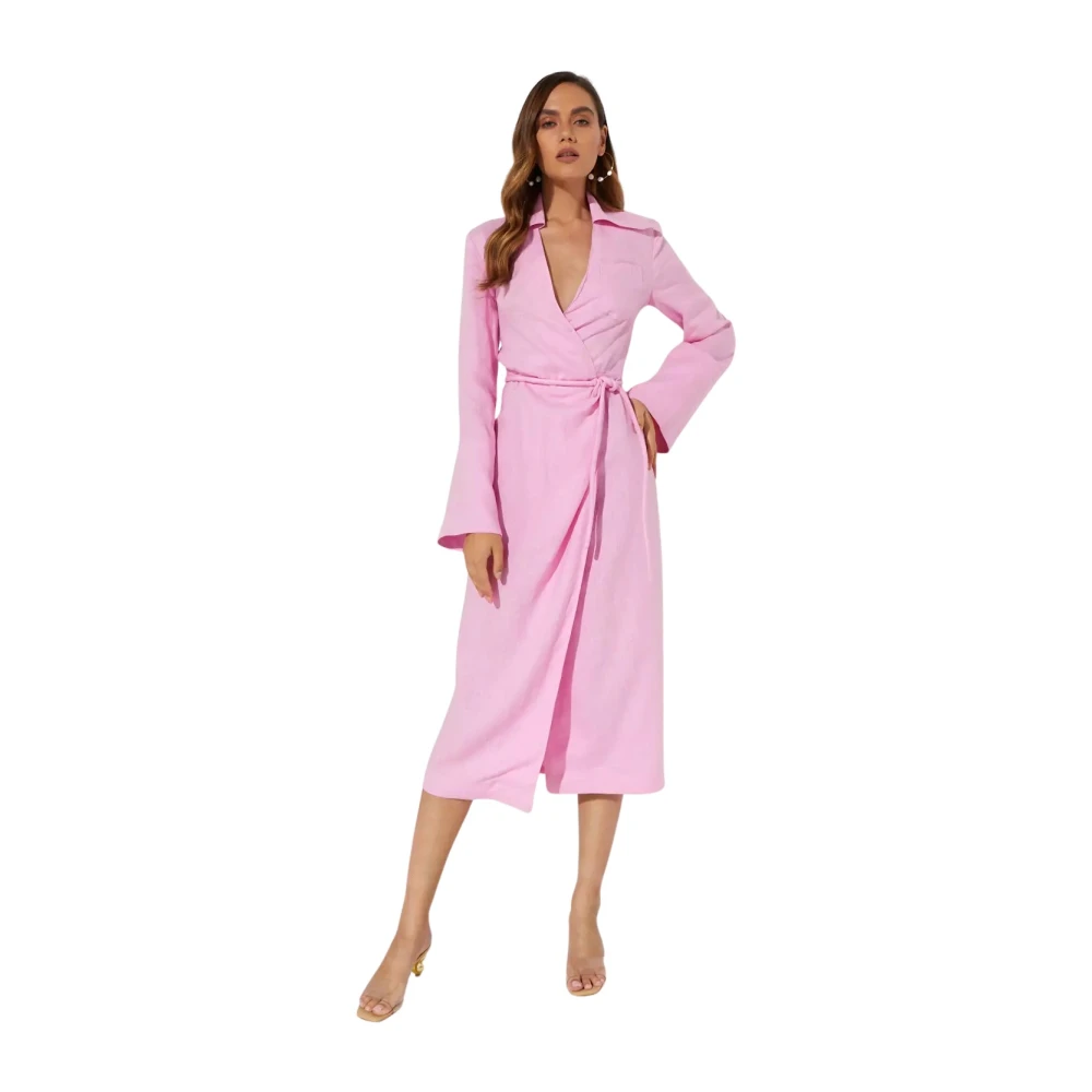 Nanushka Linnen midi jurk met overslag strik Pink Dames