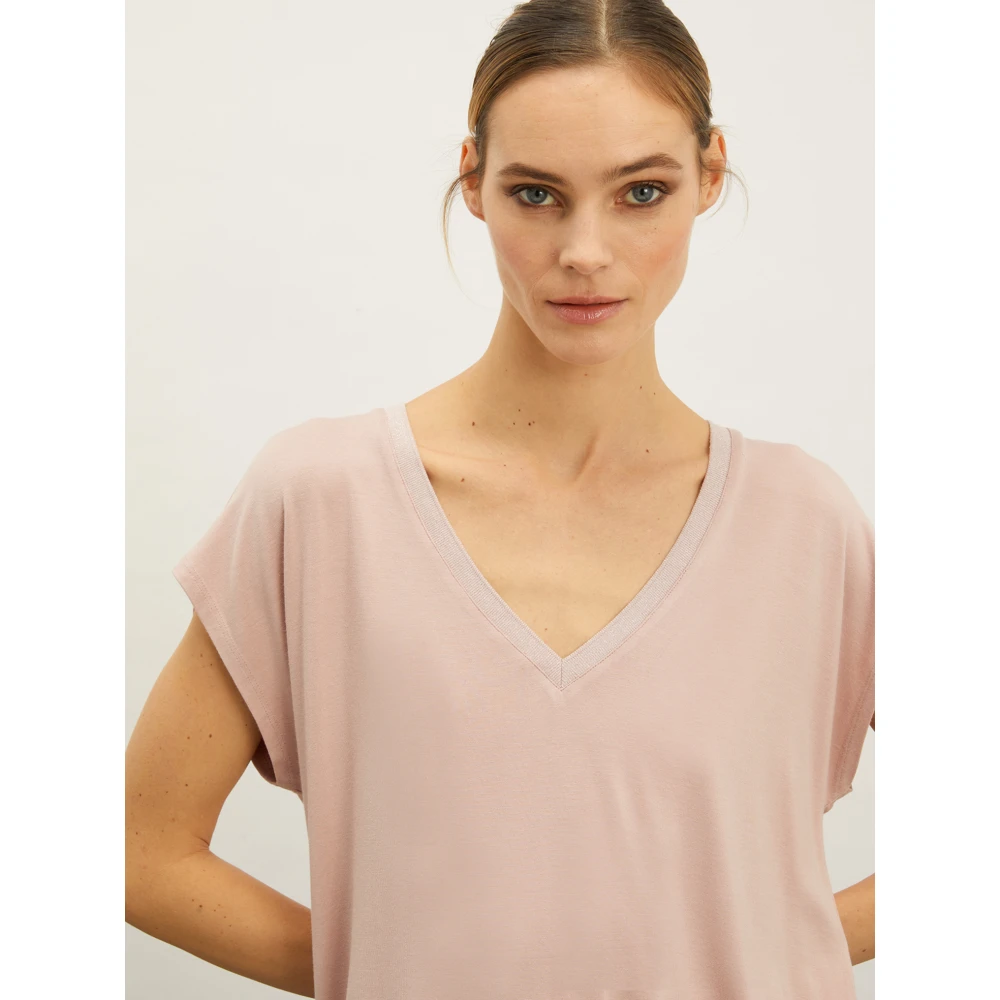 Motivi V-hals T-shirt met Lurex-afwerking Pink Dames