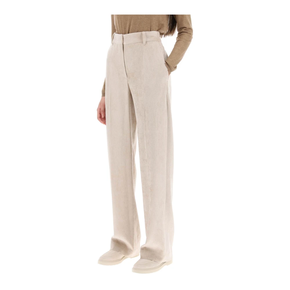 BRUNELLO CUCINELLI Corduroy Broek met Rechte Pijpen en Hoge Taille Beige Dames