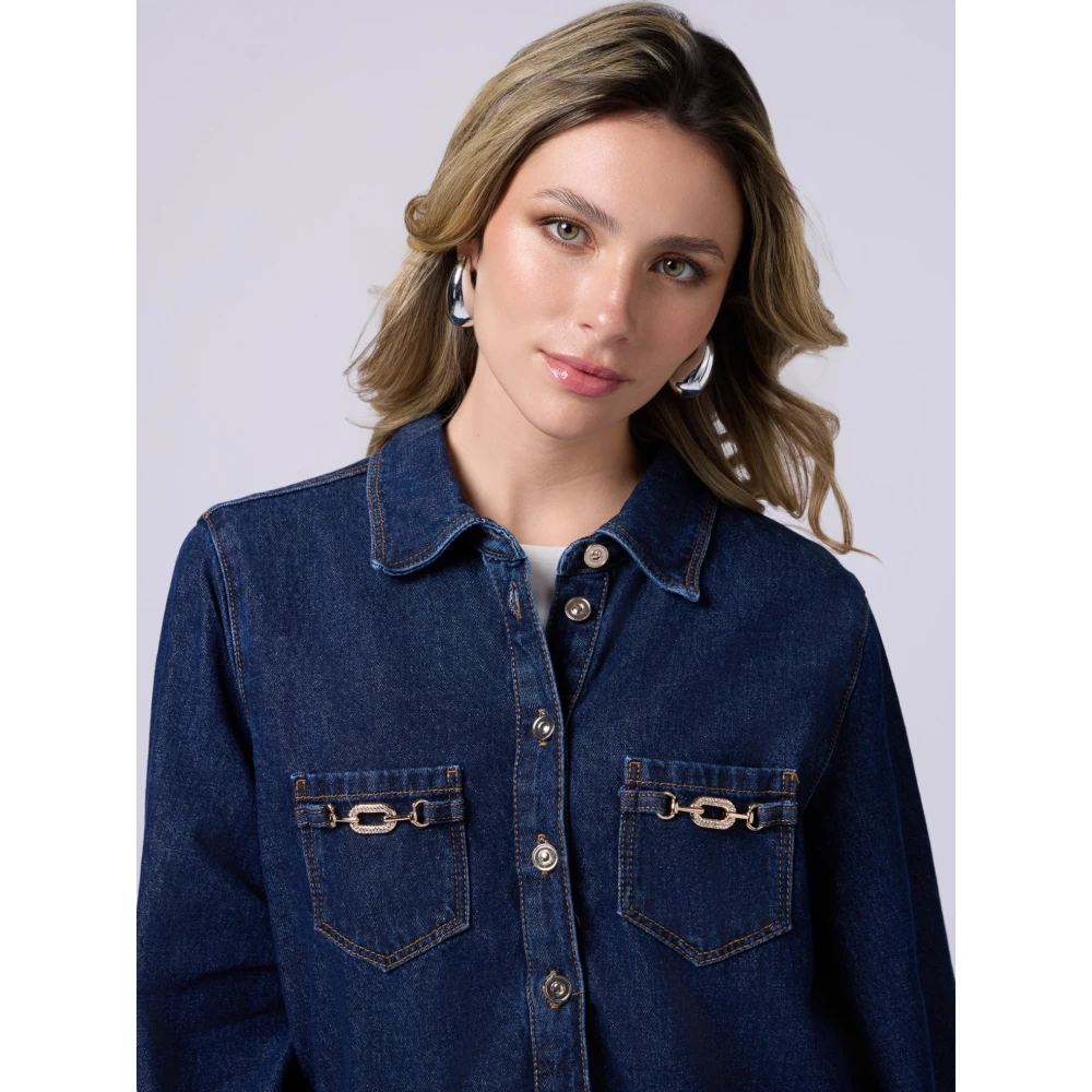Oltre Overhemdblouse van denim met metalen gespen Blue Dames