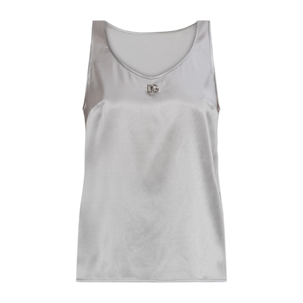 Dolce & Gabbana Women's Gray Sleeveless Tops,, Silk Top With Logo-Shaped Applique 2XS