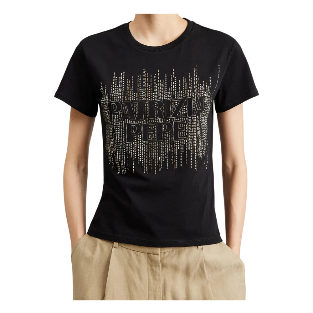 PATRIZIA PEPE Zwarte T-shirts en Polos met D MM Logo Strass Black Dames