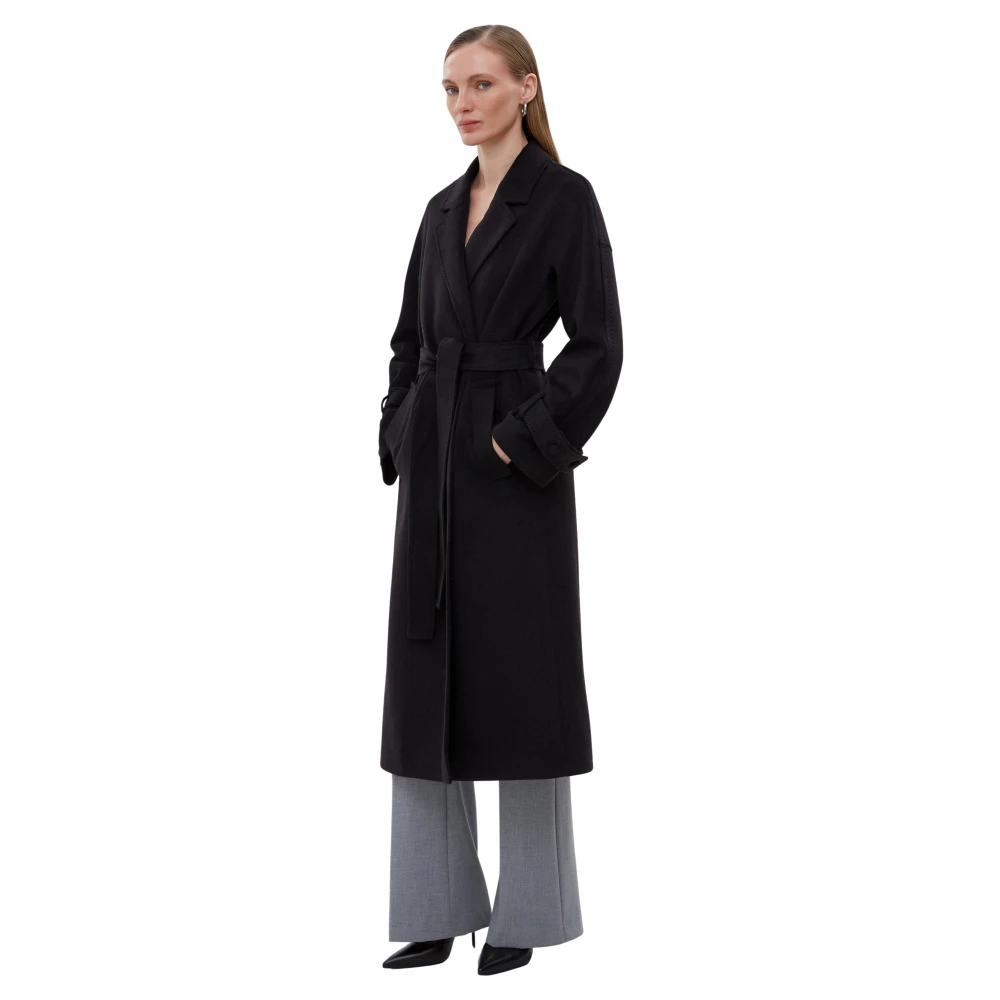 Estro Women's Black Belted Coats, M, Long Classic Belted Coat