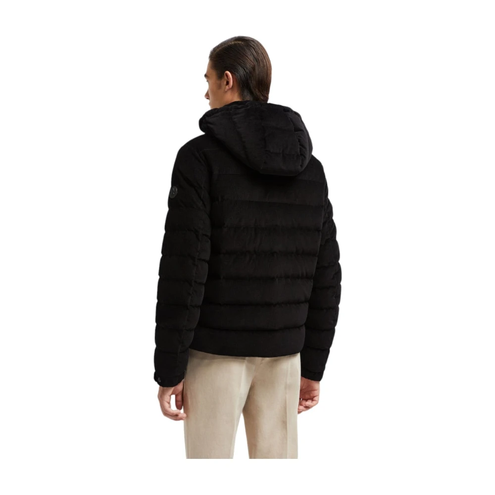 Moncler Corduroy Donsjas met Leren Afwerking Black Heren