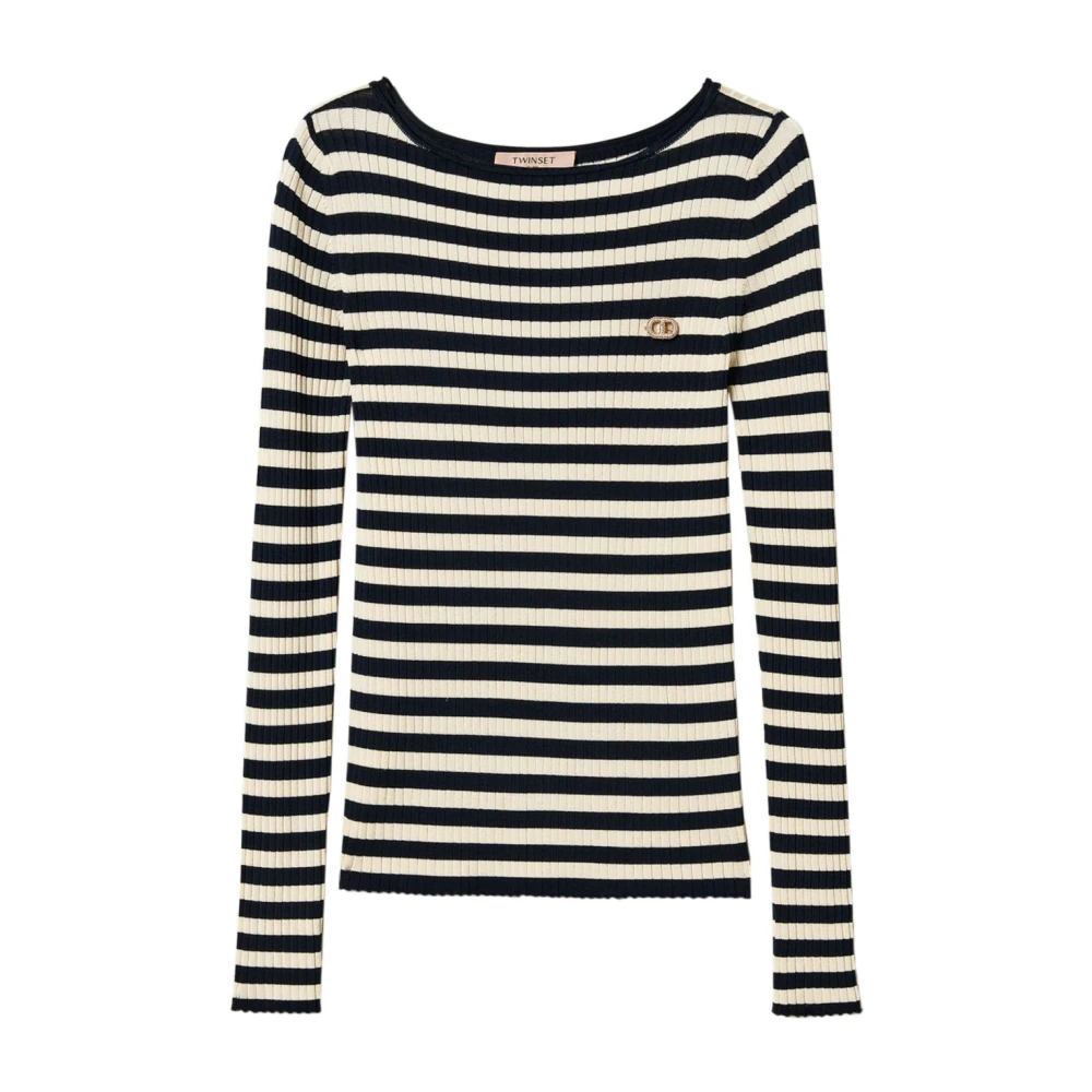 Twinset Blauwe Boat Neck Sweaters met Logo Multicolor Dames