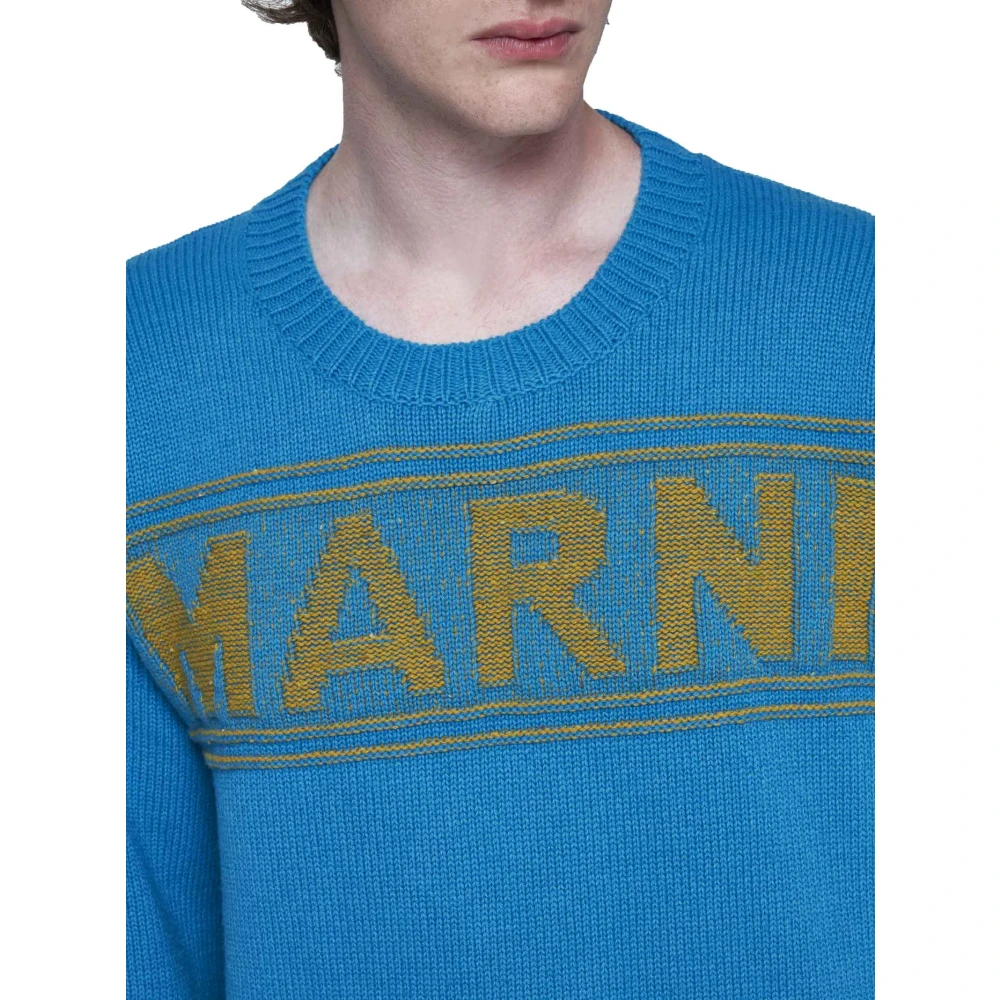 Marni Intarsia Logo Trui Rood Blauw Strepen Blue Heren