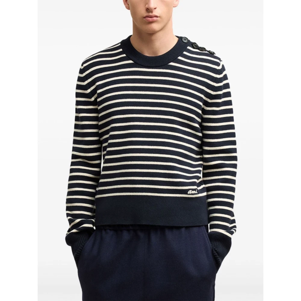 Ami Paris Blauwe Gestreepte Trui met Knoopdetails Blue Heren