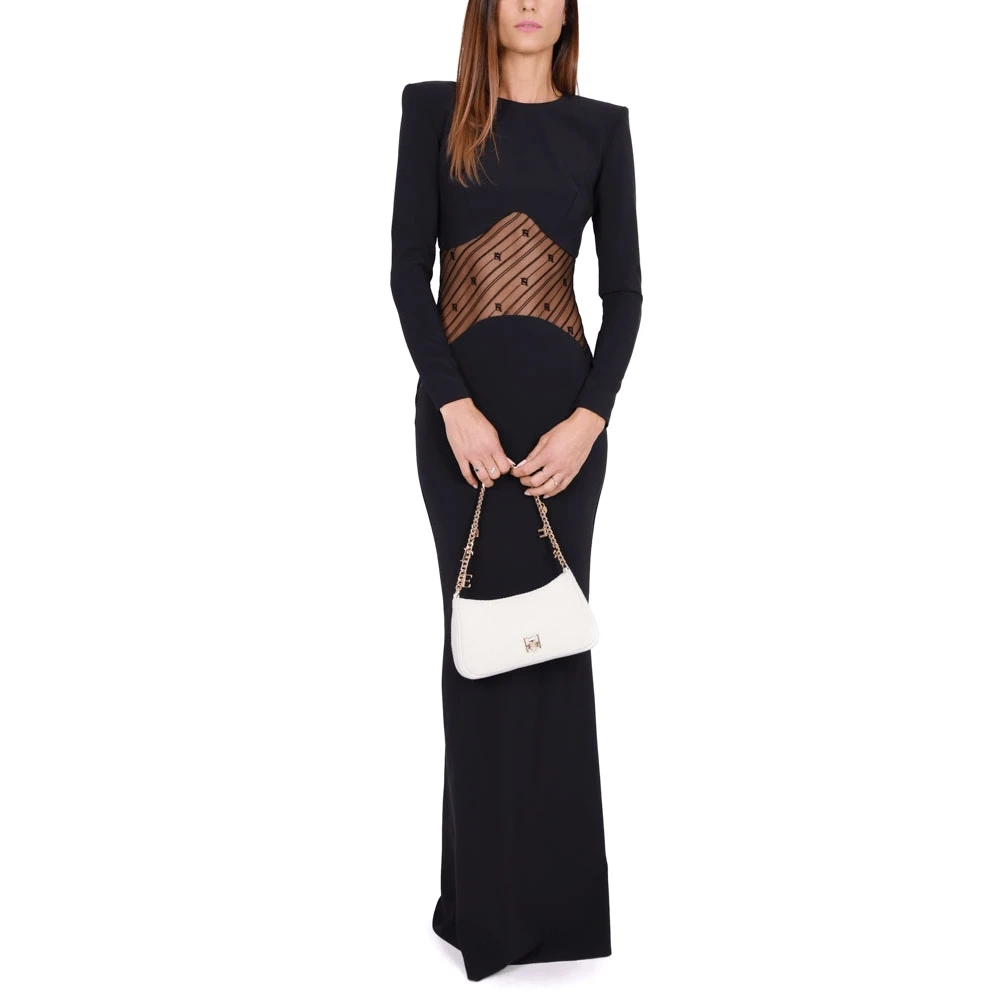 Elisabetta Franchi Lange Zwarte Crepe Jurk met Tule Inzet Black Dames