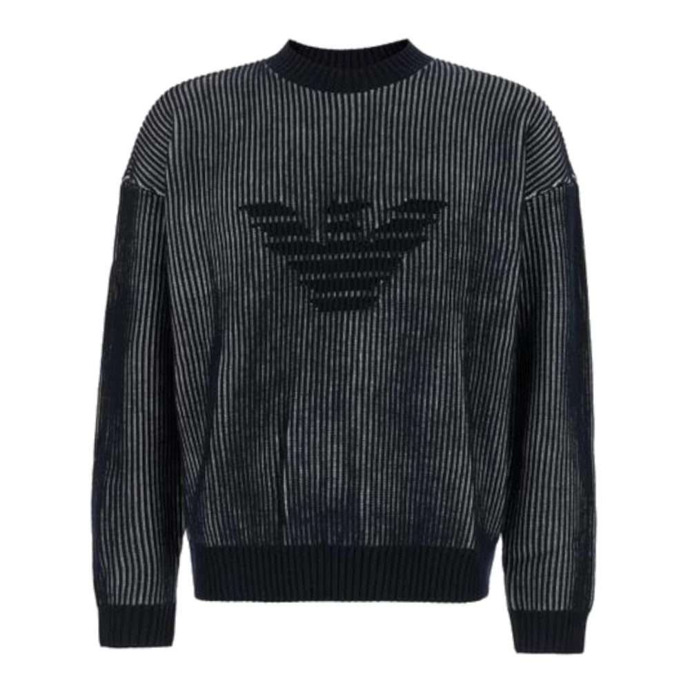 Emporio Armani Bicolor wollen trui met Engelse ribbels en adelaarslogo Blue Heren