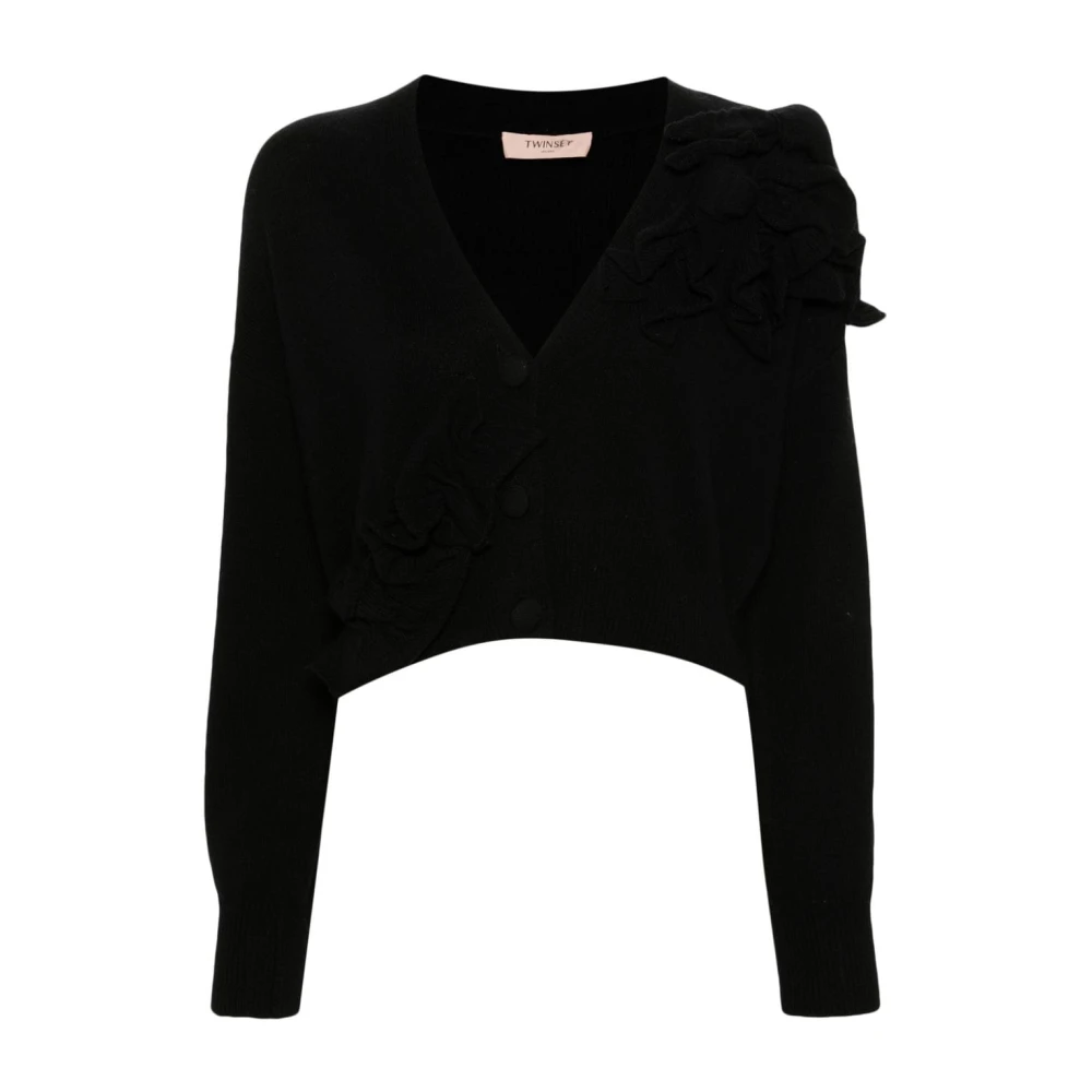 Twinset Bloemenapplicatie V-hals trui Black Dames