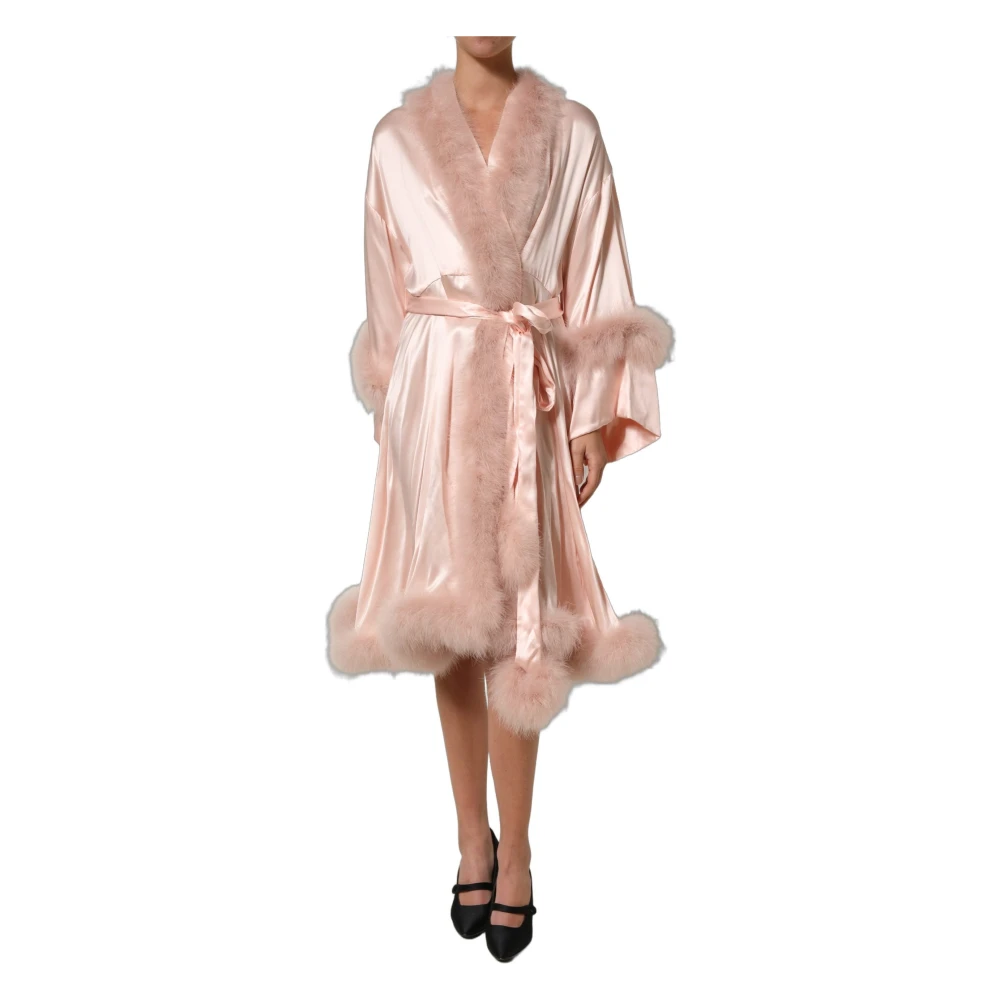 Dolce & Gabbana Women's Pink Wrap Dresses, Xs, Short Silk Robe With Marabou Edgings