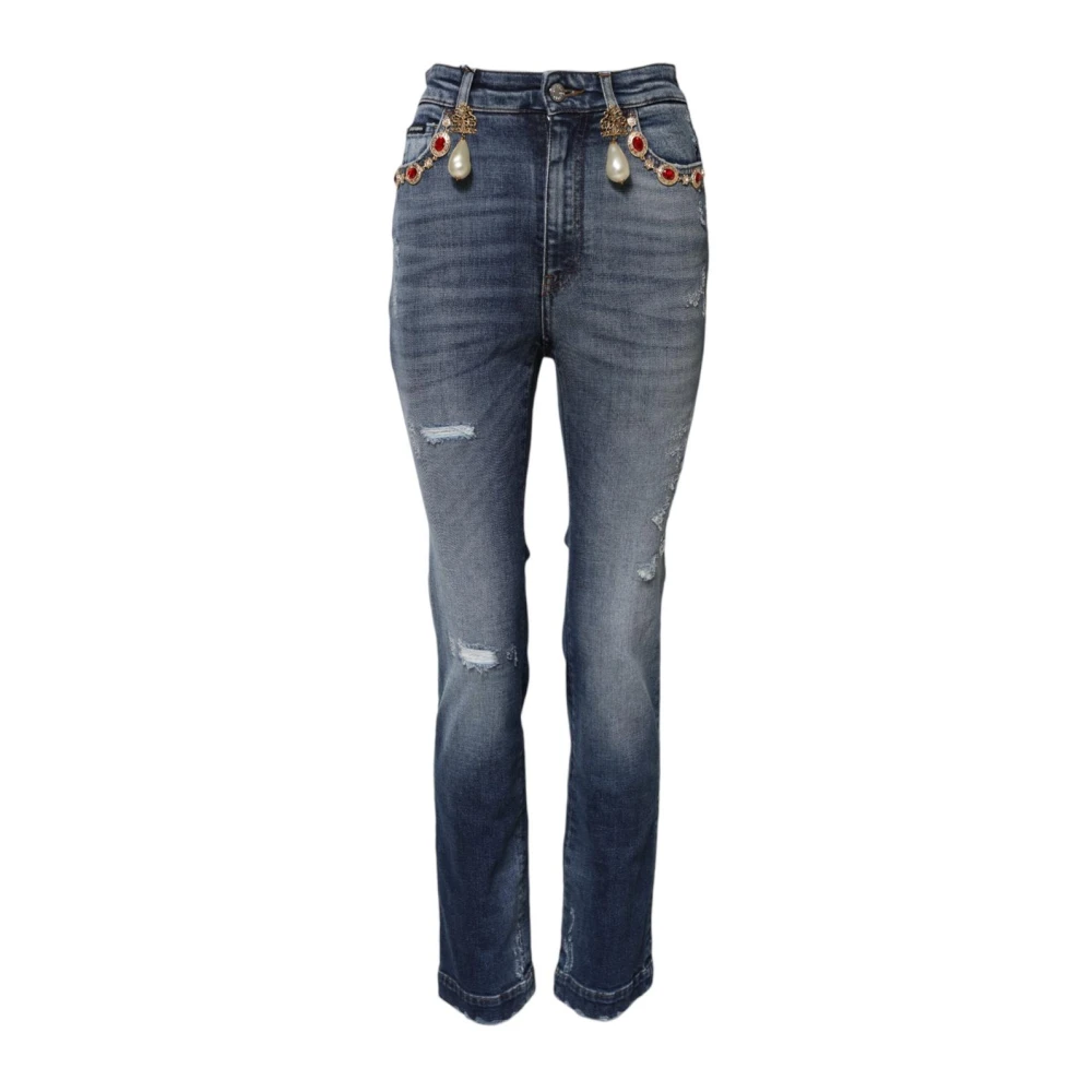 Dolce & Gabbana Women's Blue Rhinestone High Waist Skinny Jeans - Slim Fit Jeans - 2XS - Jeans