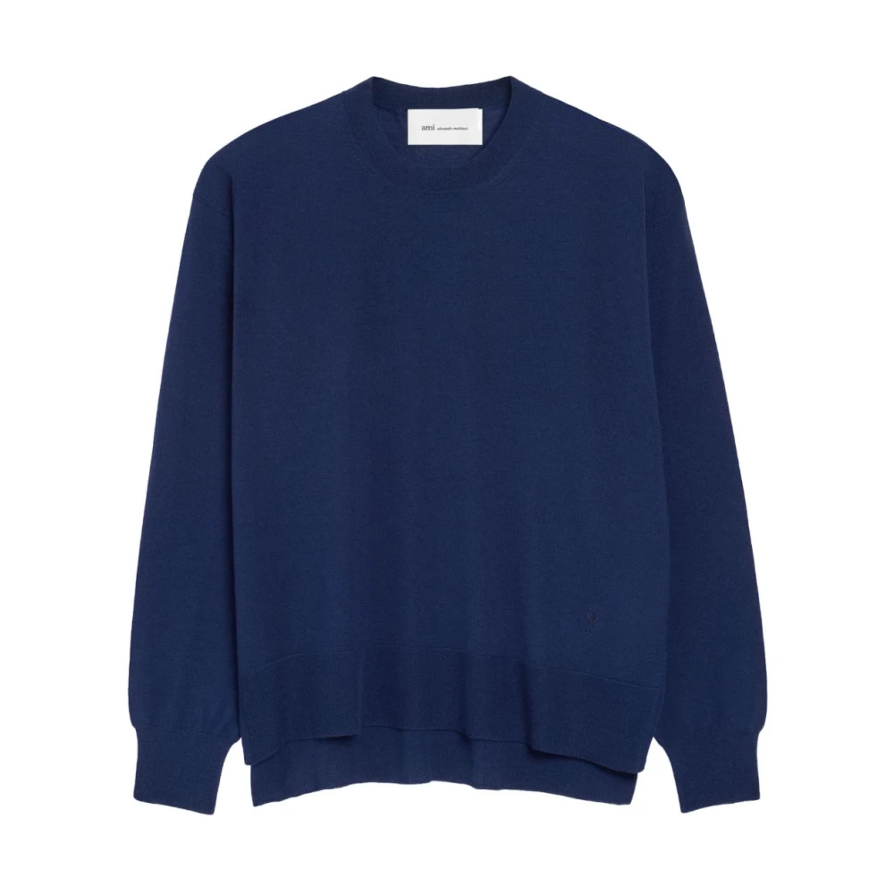 Ami Paris Men's Blue Thin Wool Crewneck Ami De Coeur Jumper - Round-Neck Knitwear - M - Knitwear