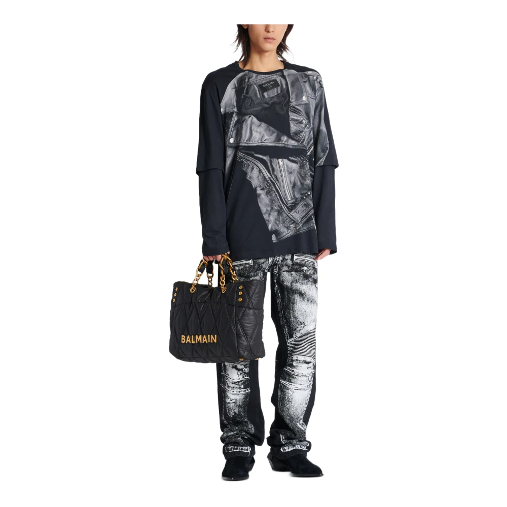 Balmain Leather Trompe L`Œil LS T-Shirt Black Heren