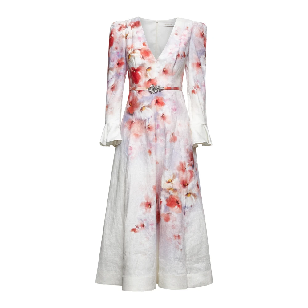 Zimmermann Women's Multicolor Midi Dresses,, Floral Silk Dress With High Waist Medium