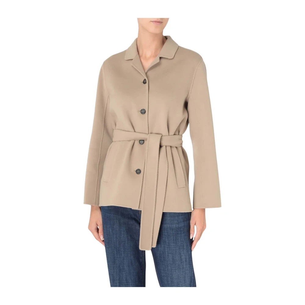 Max Mara Beige Wollen Jas met Riem Beige Dames