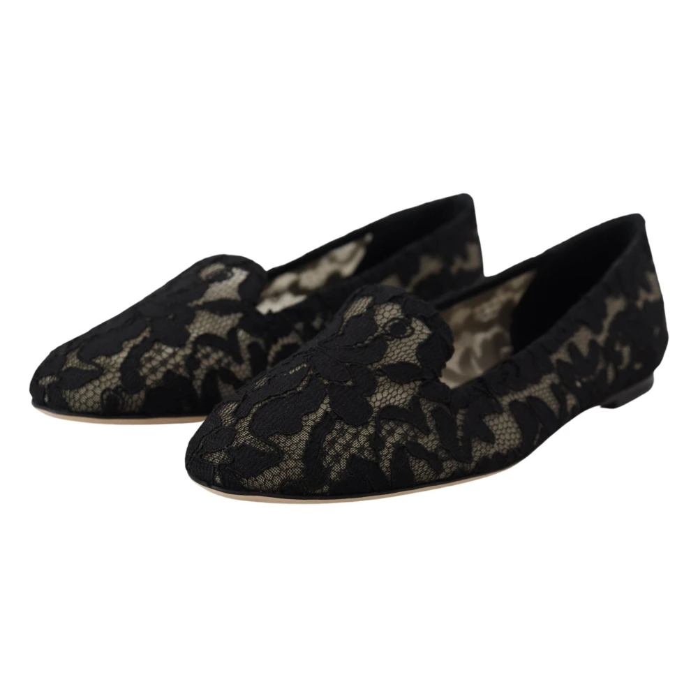 Dolce & Gabbana Zwarte bloemen kanten loafers platte schoenen Black Dames