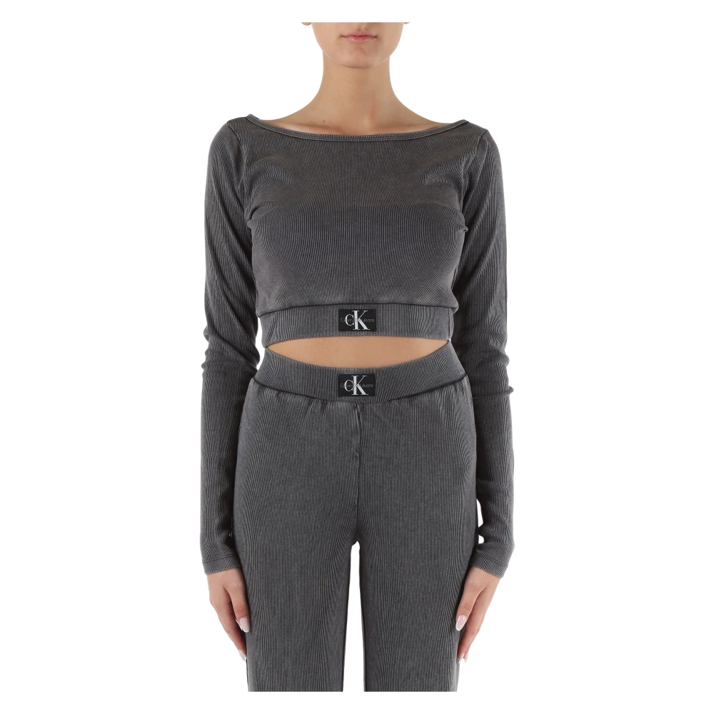 Calvin Klein Jeans Stretch katoenen geribbelde longsleeve top Gray Dames