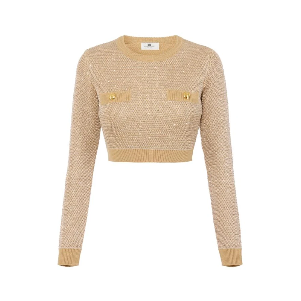 Elisabetta Franchi Women's Yellow Knit Top With Sequins - Round-Neck Knitwear - L - Knitwear
