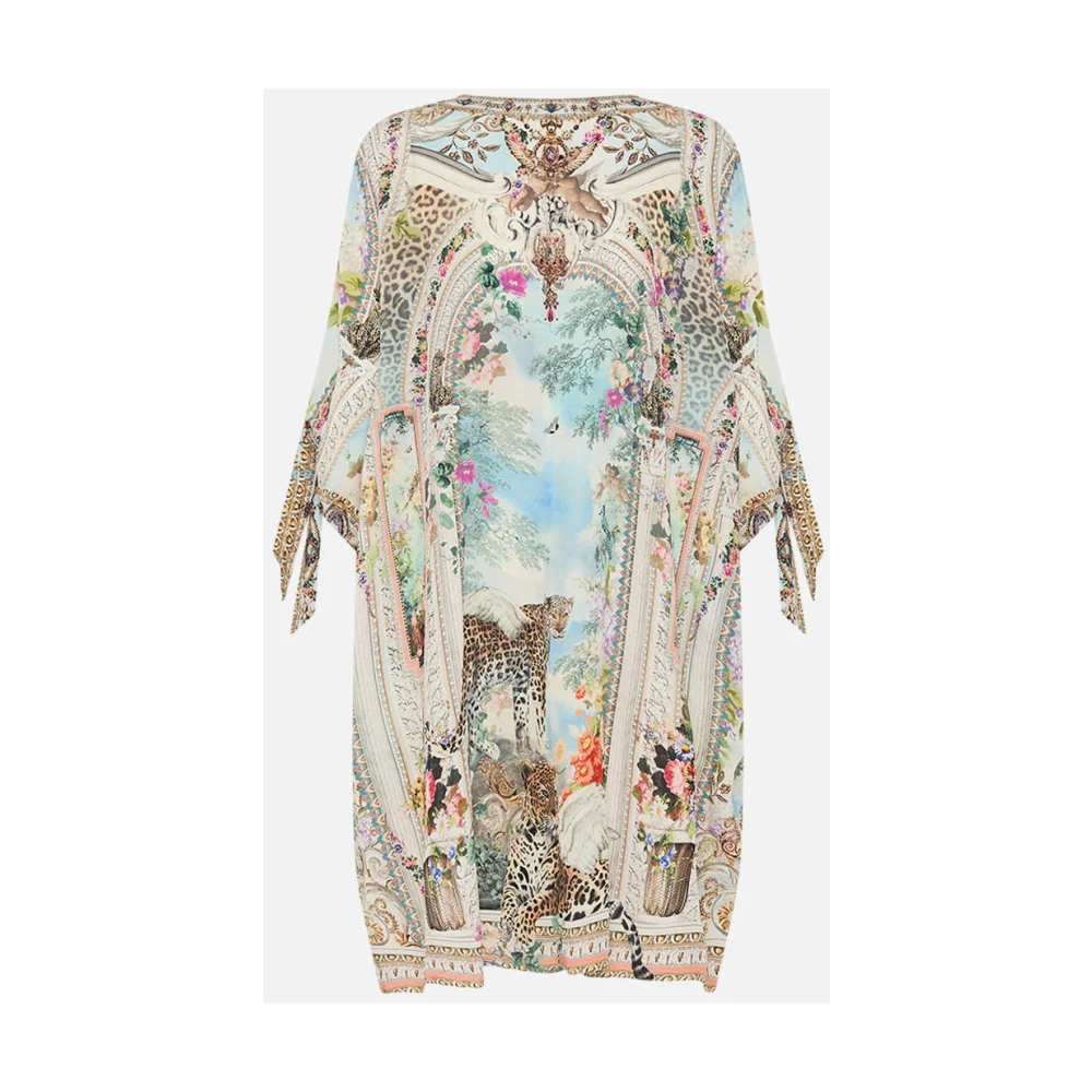 Camilla Luipaardprint Zijden Kaftan met Strikmouwen Beige Dames