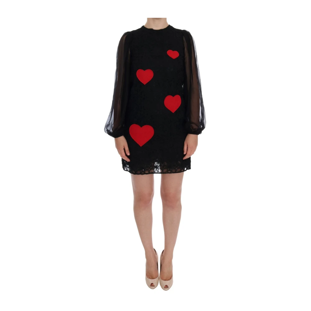 Dolce & Gabbana Women's Black Lace Red Heart Shift Dress 3XS
