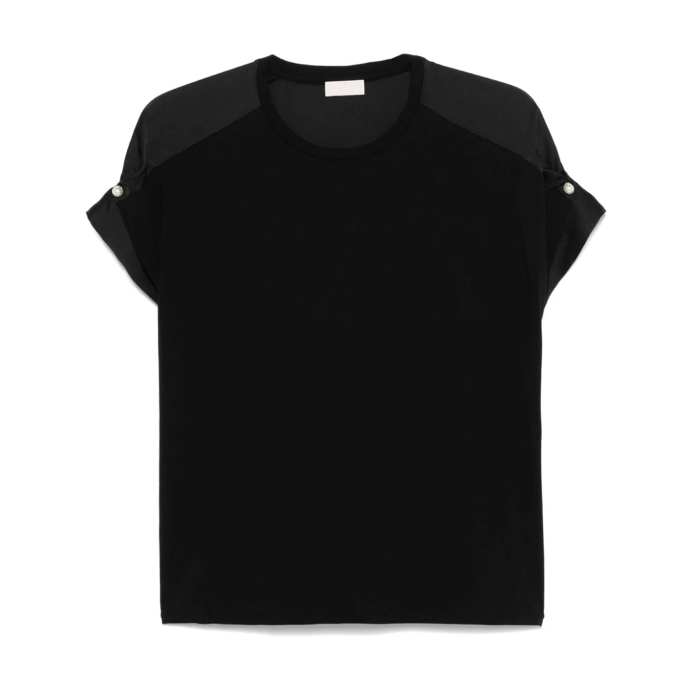 Liu Jo Zwarte Satijnen Panel T-shirt met Faux-Pearl Details Black Dames