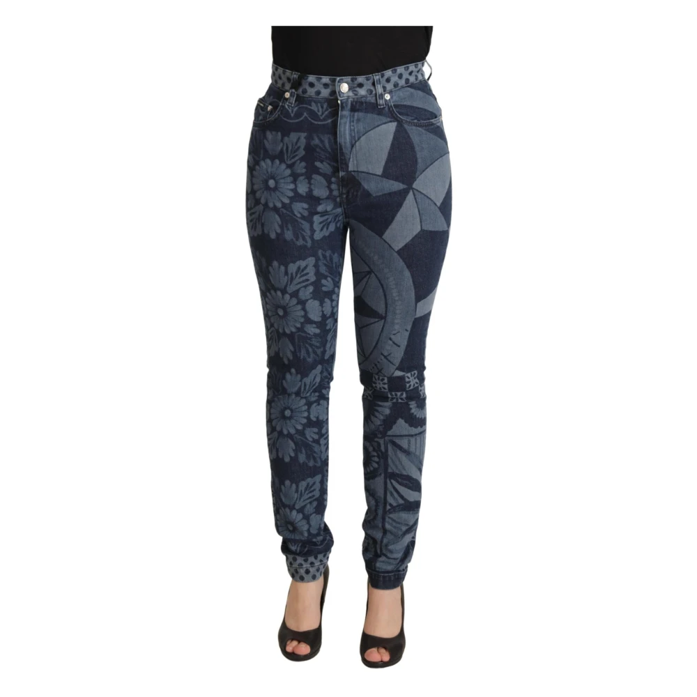 Dolce & Gabbana Women's Blue Skinny Fit Jeans, 2XS, Floral High Waist Skinny Denim Jeans