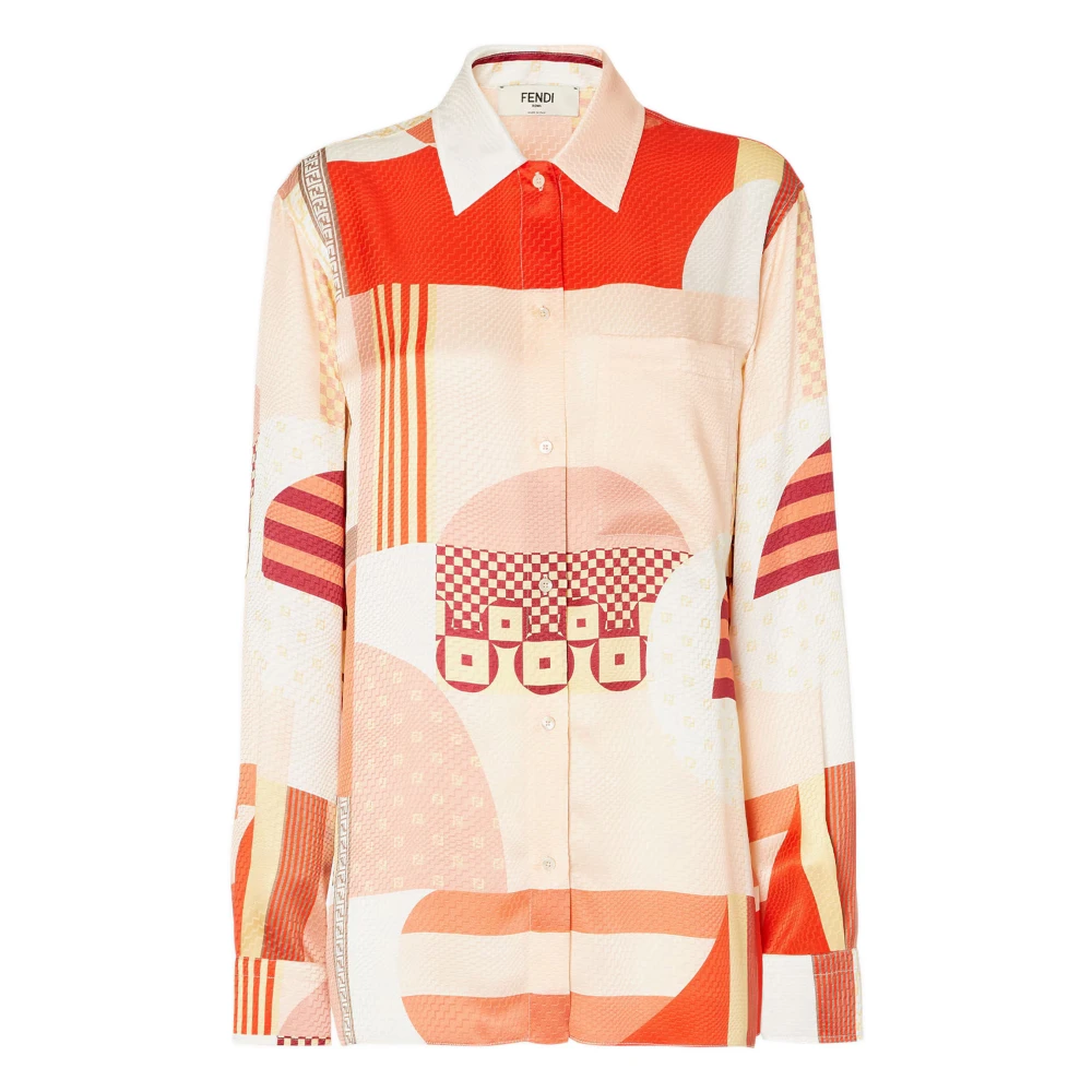Fendi Women's Multicolor Shirts, S, Patchwork Silk Shirt With Mother-Of-Pearl Buttons