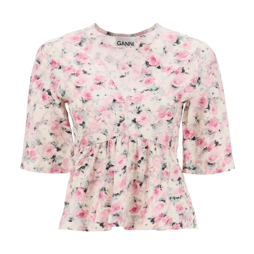 Ganni Bloemenprint shirt met V-hals en uitlopende zoom Multicolor Dames