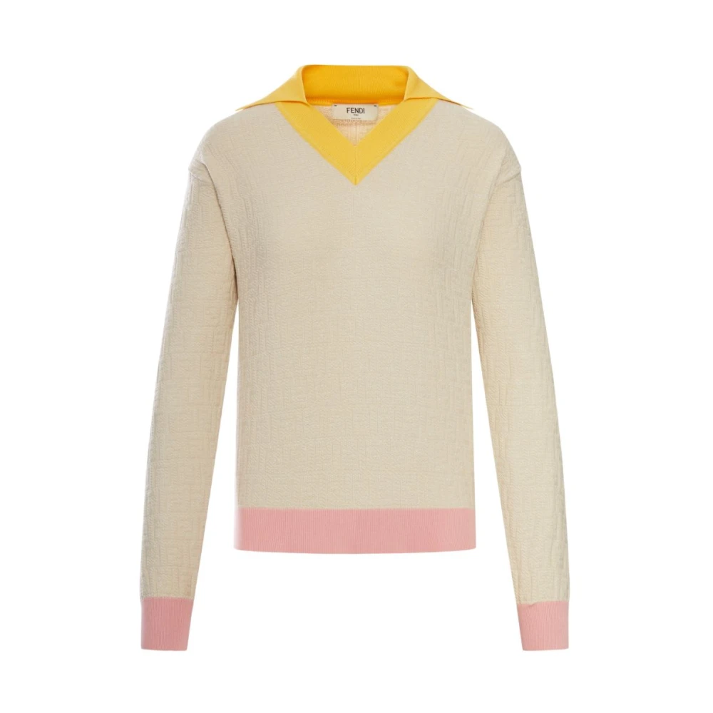 Fendi Women's Beige Cotton And Silk V-Neck Jumper - V-Neck Knitwear - M - Knitwear