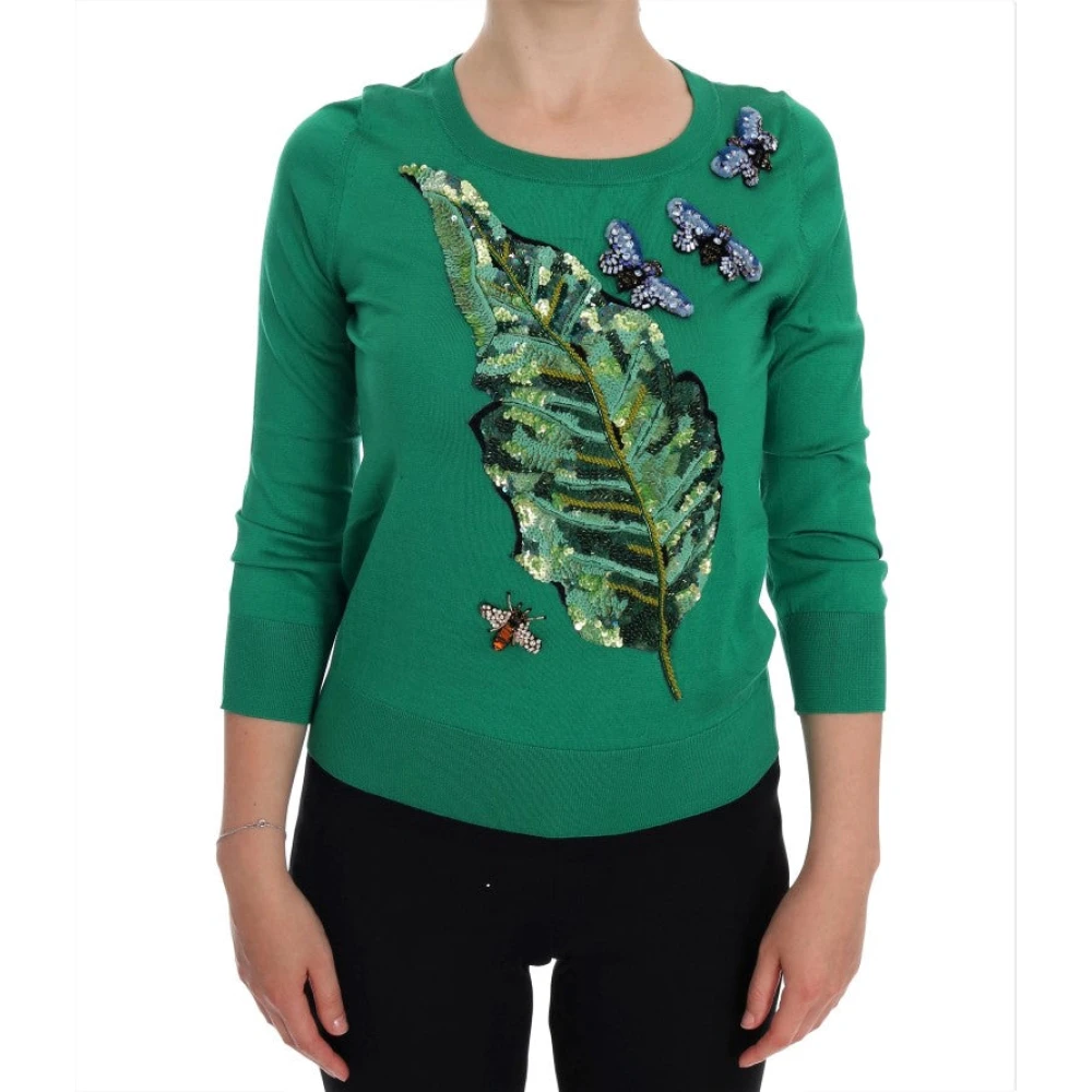 Dolce & Gabbana Women's Green Round-Neck Knitwear, 2XS, Silk Embellished Jumper